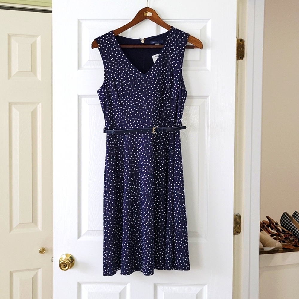 Sleeveless Tommy Hilfiger navy with white polka-dot pattern.